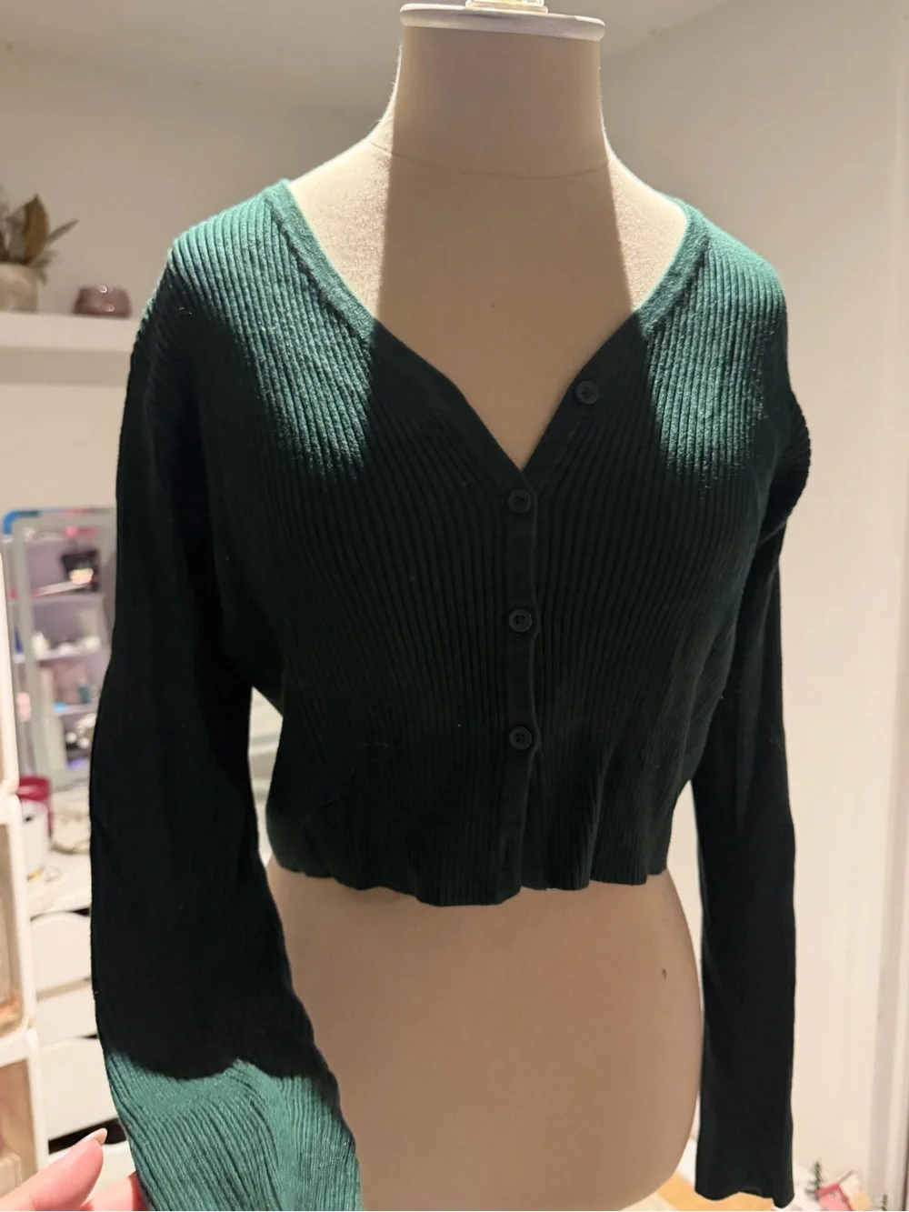 Brandy Melville Dark Green Ribbed V-Neck Button Crop Cardigan